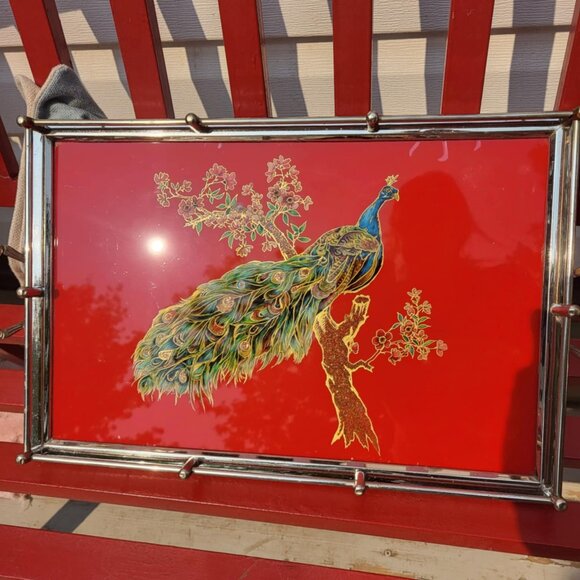Vintage Peacock Reversed Painted Tray~ Beautiful~ West Germany (US Zone 1950's) - Picture 1 of 8